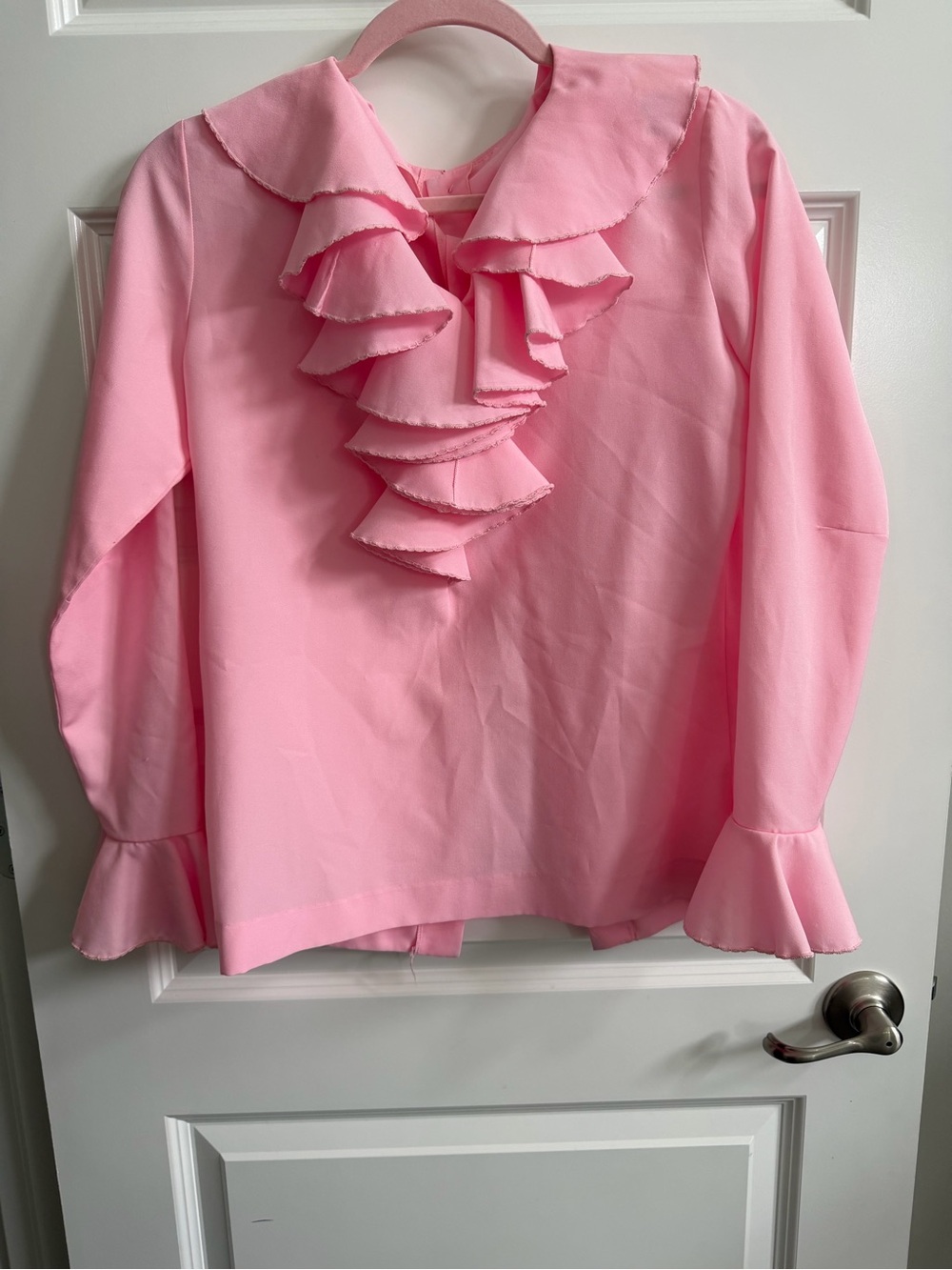 Vintage 70s Judy Bond Bright Pink Ruffle Blouse Bell Sleeve Secretary Top Sz 10